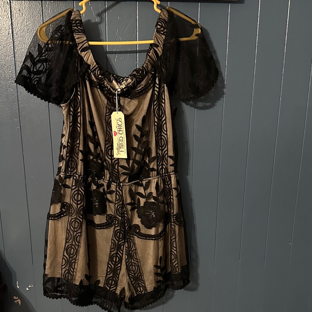 Chic Black Lace romper bySouthern Fried chics.NWT off /on shoulder.